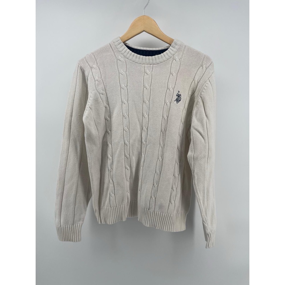 Vintage U.S. Polo Assn Cable Knit Sweater Men's Size M White Crewneck Cotton